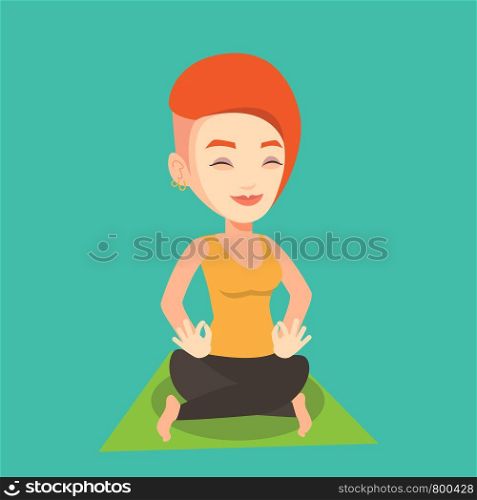 Young sportswoman meditating in yoga lotus pose. Caucasian sportswoman relaxing in the yoga lotus position. Sporty woman doing yoga on the mat. Vector flat design illustration. Square layout.. Woman meditating in yoga lotus pose.