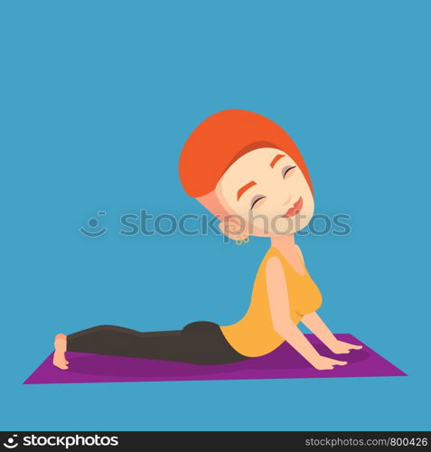Young sportswoman practicing yoga upward dog pose. Caucasian sportswoman meditating in yoga upward dog position. Sporty woman doing yoga on the mat. Vector flat design illustration. Square layout.. Woman practicing yoga upward dog pose.