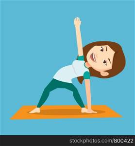 Young sportswoman standing in yoga triangle pose. Caucasian sportswoman meditating in yoga triangle position. Sporty woman doing yoga on the mat. Vector flat design illustration. Square layout.. Woman practicing yoga triangle pose.