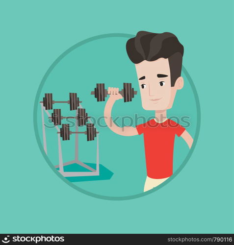 Young sporty man lifting a heavy weight dumbbell. Caucasian sportsman doing exercise with dumbbell. Weightlifter holding dumbbell. Vector flat design illustration in the circle isolated on background.. Man lifting dumbbell vector illustration.