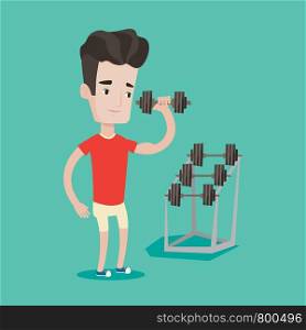 Young sporty man lifting a heavy weight dumbbell. Caucasian strong sportsman doing exercise with dumbbell. Male weightlifter holding dumbbell in the gym. Vector flat design illustration. Square layout. Man lifting dumbbell vector illustration.