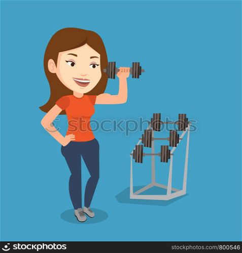 Young sporty woman lifting a heavy weight dumbbell. Caucasian strong sportswoman doing exercise with dumbbell. Weightlifter holding dumbbell in the gym. Vector flat design illustration. Square layout. Woman lifting dumbbell vector illustration.