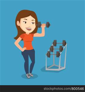 Young sporty woman lifting a heavy weight dumbbell. Caucasian strong sportswoman doing exercise with dumbbell. Weightlifter holding dumbbell in the gym. Vector flat design illustration. Square layout. Woman lifting dumbbell vector illustration.