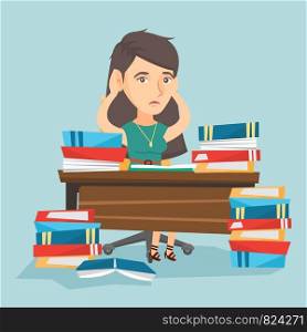 Young stressed caucasian student sitting at the table with a lot of books. Worried student studying before the exam with lots of books and clutching head. Vector cartoon illustration. Square layout.. Desperate student studying with many textbooks.