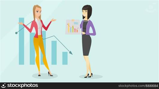 Young stressed caucasian white bancrupt business woman standing on the background of decreasing chart while asian business woman shows growth graph. Vector cartoon illustration. Horizontal layout.. Young caucasian white bancrupt business woman.