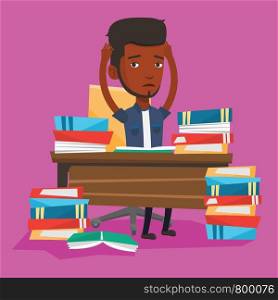 Young stressed student studying with textbooks. An african-american student studying hard before exam. Desperate male student studying in the library. Vector flat design illustration. Square layout.. Student sitting at the table with piles of books.