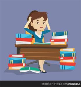 Young stressed student studying with textbooks. Caucasian female student studying hard before exam. Desperate female student studying in the library. Vector flat design illustration. Square layout.. Student sitting at the table with piles of books.