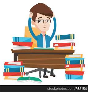 Young stressed student studying with textbooks. Caucasian student studying hard before exam. Desperate student studying in the library. Vector flat design illustration isolated on white background.. Student sitting at the table with piles of books.