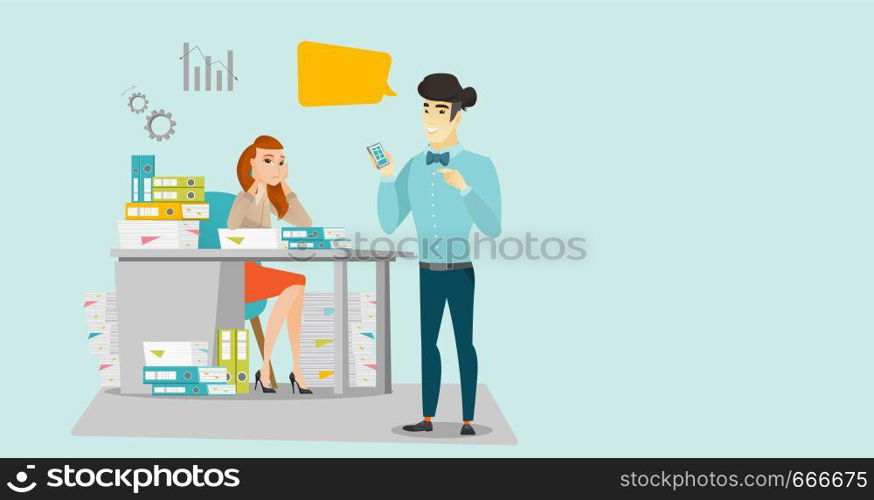 Young stressful caucasian white office worker sitting at workplace with stacks of papers and looking at her asian employer pointing at mobile phone. Vector cartoon illustration. Horizontal layout.. Stressed female office worker and her employer.