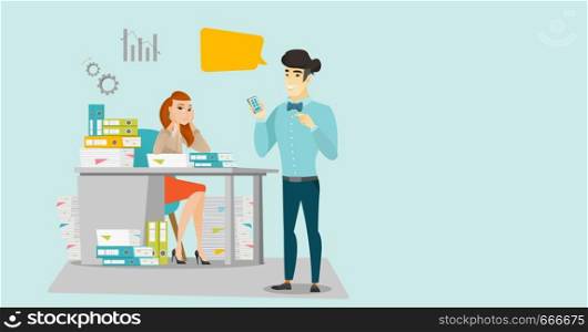 Young stressful caucasian white office worker sitting at workplace with stacks of papers and looking at her asian employer pointing at mobile phone. Vector cartoon illustration. Horizontal layout.. Stressed female office worker and her employer.