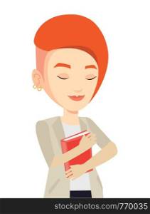 Young student hugging book. Happy joyful student likes read books. Peaceful student with eyes closed holding a book. Concept of education. Vector flat design illustration isolated on white background.. Student hugging her book vector illustration.