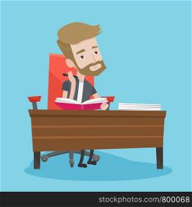 Young student sitting at the table and thinking. Pensive student writing in a notebook. A hipster man with the beard studying. Concept of education. Vector flat design illustration. Square layout.. Student writing at the desk vector illustration.