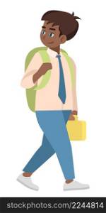 Young student with breakfast semi flat RGB color vector illustration. Boy in school uniform holding lunch box isolated cartoon character on white background. Young student with breakfast semi flat RGB color vector illustration