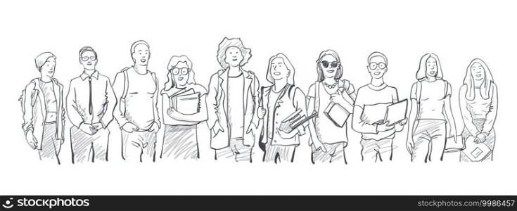 Young students of different nations. Happy students with backpacks and books. Happy multicultural teenagers in youth lifestyle clothes.  Black and white hand drawn sketch illustration on white background, isolated.