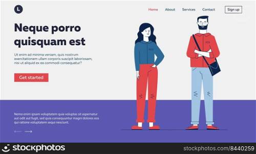 Young stylish couple. Bearded man and woman wearing trendy clothes flat vector illustration. People, millennials, fashion concept for banner, website design or landing web page