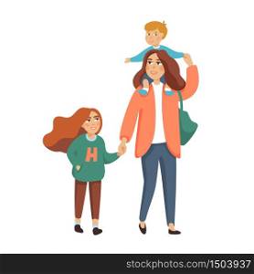 Young stylish Mother or nanny, babysitter walking with 2 kids, boy and girl. Happy family. Vector cartoon style illustration.. Young stylish Mother or nanny, babysitter walking with 2 kids. Happy family. Vector cartoon style illustration