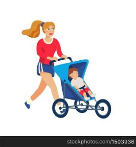 Young stylish Mother running with baby in stroller. Young mother jogging with baby carriage and. Cartoon style vector illustration.. Young stylish Mother running with baby in stroller. Young mother jogging with baby carriage and. Cartoon style vector illustration