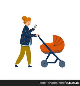 Young stylish Mother with baby in stroller. Young mother walking with baby carriage and reading . Cartoon style vector illustration.. Young stylish Mother with baby in stroller. Young mother walking with baby carriage and reading . Cartoon style vector illustration