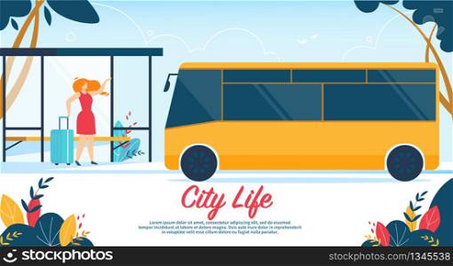 Young Stylish Woman in Red Dress Holding Suitcase Stand on Bus Stop Waving Hand to Attract Driver Attention. City Life, Commuter Public Transport. Cartoon Flat Vector Illustration, Horizontal Banner. Woman Holding Suitcase Stand on Bus Stop City Life