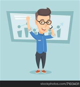 Young successful business man getting good news on mobile phone. Caucasian successful business man talking on mobile phone. Business success concept. Vector flat design illustration. Square layout.. Businessman celebrating business success.