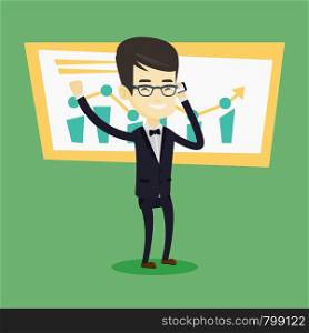 Young successful business man getting good news on mobile phone. Asian successful business man talking on a mobile phone. Business success concept. Vector flat design illustration. Square layout.. Businessman celebrating business success.