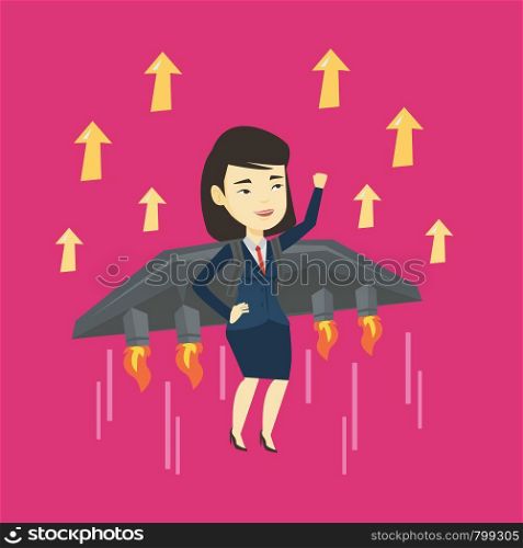 Young successful business woman flying on the business start up rocket. Asian happy business woman flying with a jet backpack. Business start up concept. Vector flat design illustration. Square layout. Business woman flying on the rocket to success.