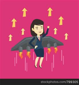 Young successful business woman flying on the business start up rocket. Asian happy business woman flying with a jet backpack. Business start up concept. Vector flat design illustration. Square layout. Business woman flying on the rocket to success.