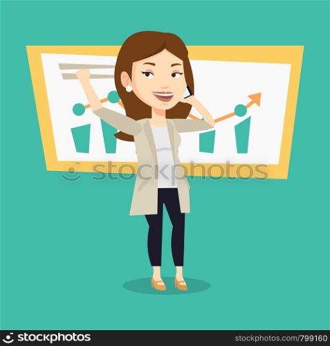 Young successful business woman getting good news on mobile phone. Caucasian successful business woman talking on mobile phone. Business success concept. Vector flat design illustration. Square layout. Woman celebrating business success.