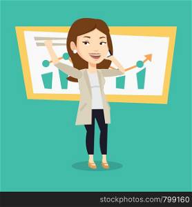 Young successful business woman getting good news on mobile phone. Caucasian successful business woman talking on mobile phone. Business success concept. Vector flat design illustration. Square layout. Woman celebrating business success.