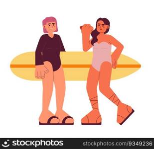 Young surfer girls with surfboard on beach flat vector spot illustration. Girlfriends fun 2D cartoon characters on white for web UI design. Summer vacation isolated editable creative hero image. Young surfer girls with surfboard on beach flat vector spot illustration