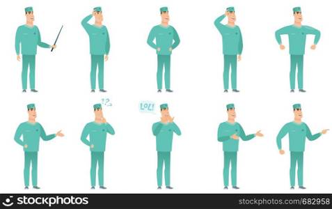 Young surgeon laughing out loud. Surgeon and speech bubble with text - lol. Surgeon laughing out loud and covering his mouth. Set of vector flat design illustrations isolated on white background.. Vector set of surgeon characters.