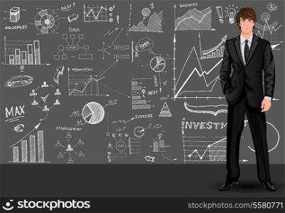 Young tall handsome businessman against the doodle style sketch graph patterned background vector illustration