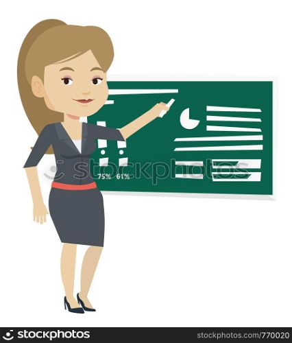 Young teacher standing in classroom. Teacher standing in front of blackboard with piece of chalk in hand. Teacher writing on a chalkboard. Vector flat design illustration isolated on white background.. Woman writing on a chalkboard vector illustration.