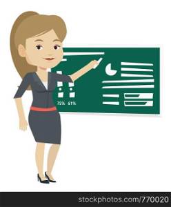 Young teacher standing in classroom. Teacher standing in front of blackboard with piece of chalk in hand. Teacher writing on a chalkboard. Vector flat design illustration isolated on white background.. Woman writing on a chalkboard vector illustration.