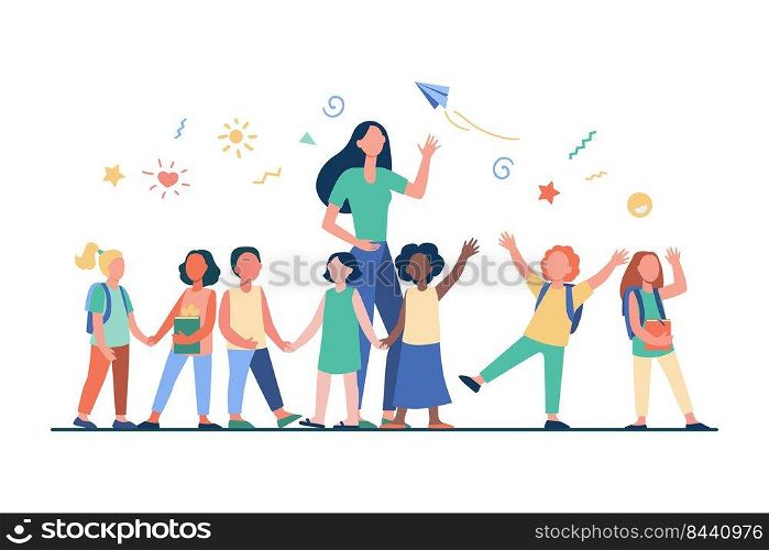 Young teacher with joyful kids isolated flat vector illustration. Cartoon happy children in kindergarten or school. Pedagogy and education concept