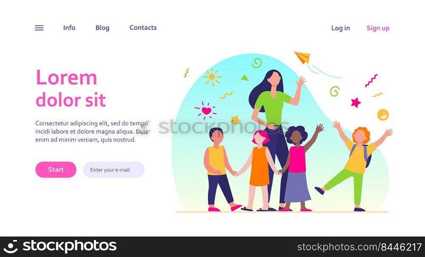 Young teacher with joyful kids isolated flat vector illustration. Cartoon happy children in kindergarten or school. Pedagogy and education concept