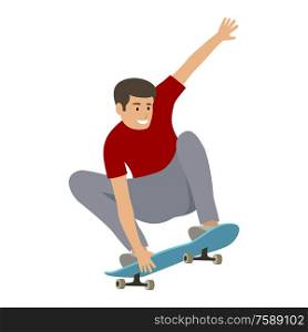 Young teenager jumps on a skateboard. Vector illustration