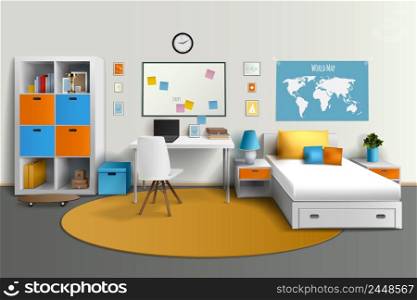 Young teenager room interior design with bed computer table and whiteboard studyspace realistic side view image vector illustration . Teenager Room Interior Design Realistic Image