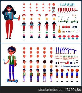 Young teenagers boy and girl isolated icons set vector. Students with backpacks, laptop and bottle of drink. Gestures and clothing, phone and tablet. Young Teenagers Boy and Girl Icons Set Vector