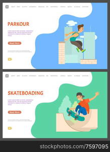 Young teenagers with hobbies vector, skateboarder with skate making tricks in air. Parkour jumping guy from roof to top of skyscrapers. People set website or webpage template, landing page flat style. Parkour in City, Urban Lifestyle Skateboarding