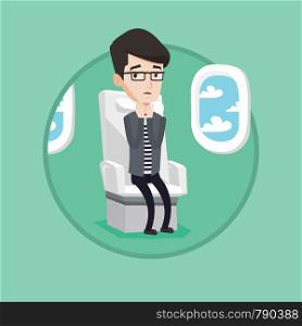 Young terrified caucasian airplane passenger shocked by plane flight in a turbulent area. Airplane passenger frightened by flight. Vector flat design illustration in the circle isolated on background.. Young man suffering from fear of flying.