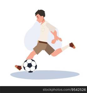Young Thai Student Boy Kicking Ball After Classes. Young Thai Student Boy Playing Football After School
