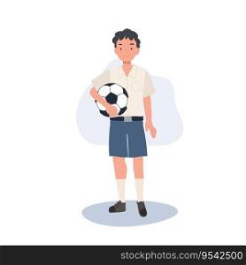 Young Thai Student Boy Playing Football After School. Boy with football