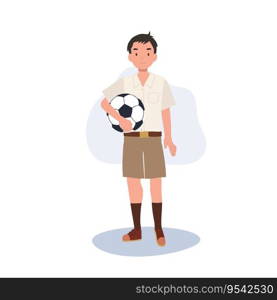 Young Thai Student Boy Playing Football After School. Boy with football