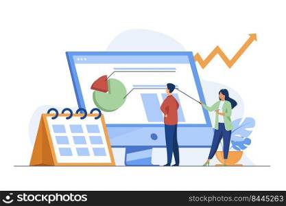 Young tiny analysts preparing monthly report. Calendar, chart, arrow flat vector illustration. Statistics and digital technology concept for banner, website design or landing web page