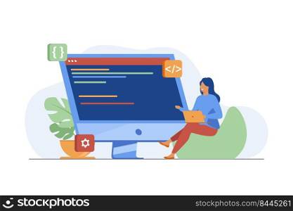 Young tiny girl sitting and coding via laptop. Computer, programmer, code flat vector illustration. IT and digital technology concept for banner, website design or landing web page