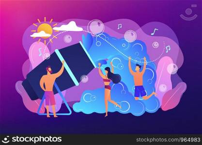 Young tiny people enjoy dancing in bubbles dispensed from foam machine in summer. Foam party, foam machine event, dancing in bubbles concept. Bright vibrant violet vector isolated illustration. Foam party concept vector illustration.