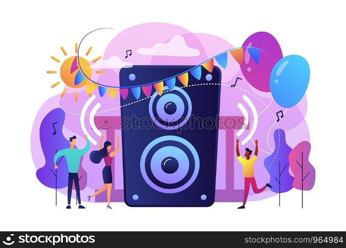 Young tiny people listening to music and dancing in city park at summer party. Open air party, open air event, outdoor dance event concept. Bright vibrant violet vector isolated illustration. Open air party concept vector illustration.