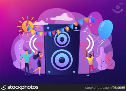 Young tiny people listening to music and dancing in city park at summer party. Open air party, open air event, outdoor dance event concept. Bright vibrant violet vector isolated illustration. Open air party concept vector illustration.