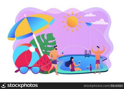 Young tiny people with parasol and ball at the swimming pool have fun drinking wine. Pool party, dance swim drink, swimming pool activity concept. Bright vibrant violet vector isolated illustration. Pool party concept vector illustration.